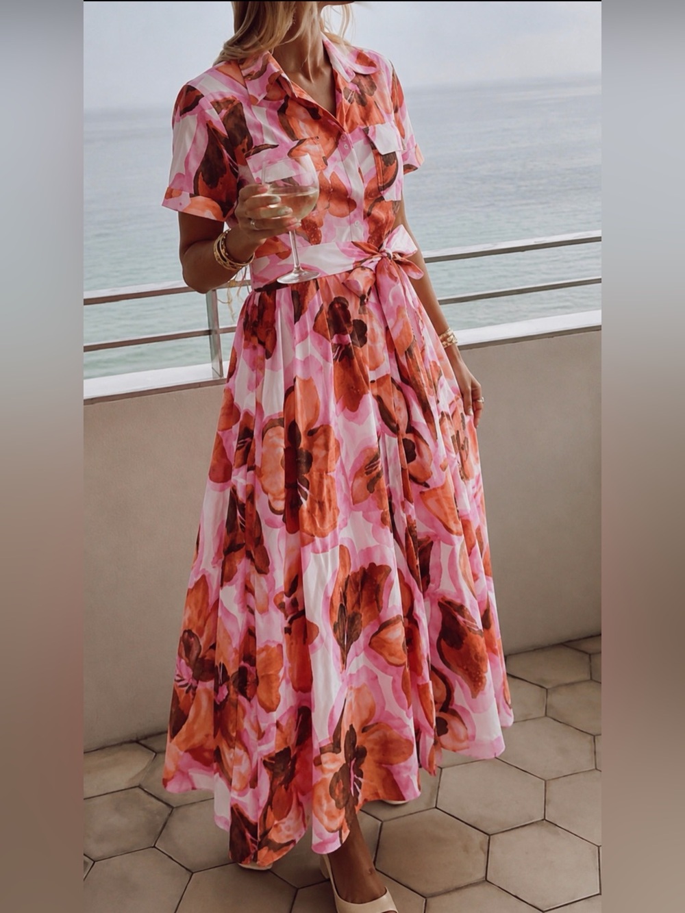 NWT Brave+True Floral Pink & Orange Maxi Shirt Dress with Self-Tie Waist Small